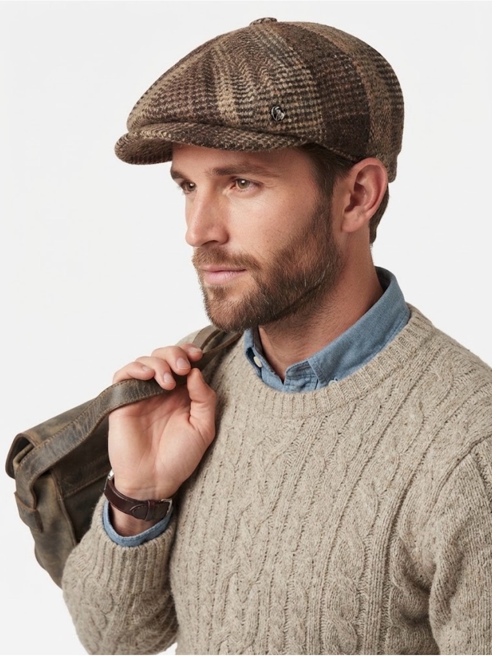 City Sport Handcrafted Harris Tweed Newsboy Cap 57 Brown Wool